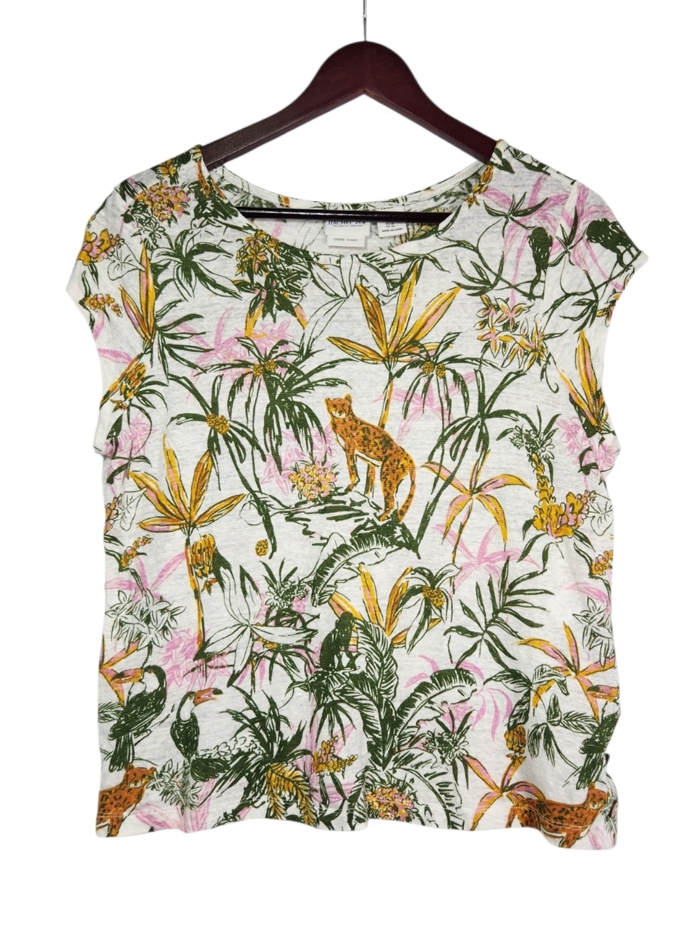RACHEL ZOE LINEN TOP JUNGLE LEOPARD MONKEY TROPICAL CAP SLEEVE MEDIUM Safari